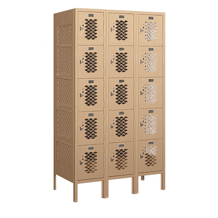Salsbury Industries 5 Tier Box Vented Locker, 36"Wx66"Hx18"D, 15 Door, Tan, Unassembled 75358TN-U